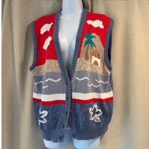 Vintage Koret Blue Beach‎ Scene Knit Vest Sweater Button Up Size L